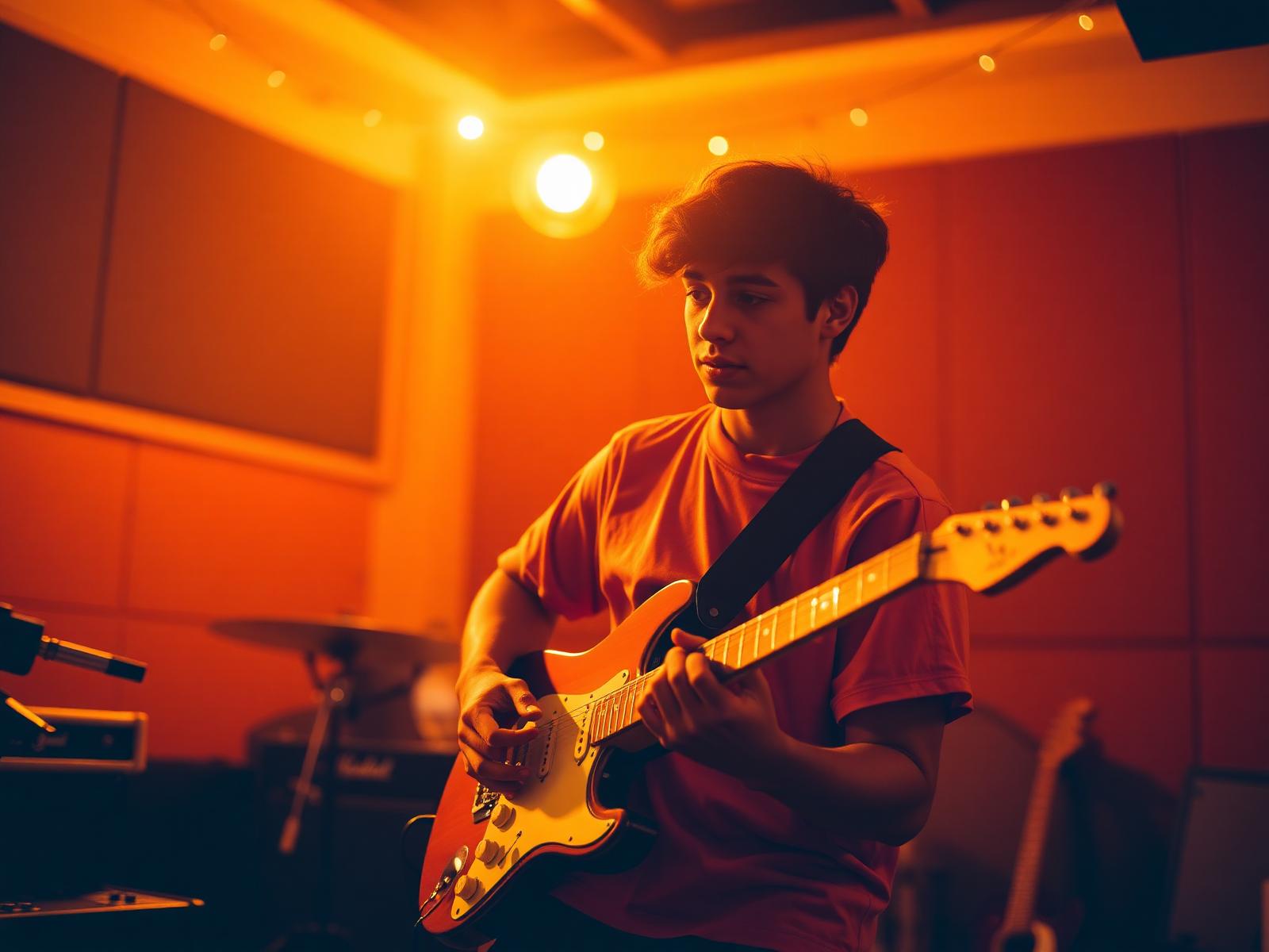 Aluno tocando guitarra no Espaço Musical Sintonia